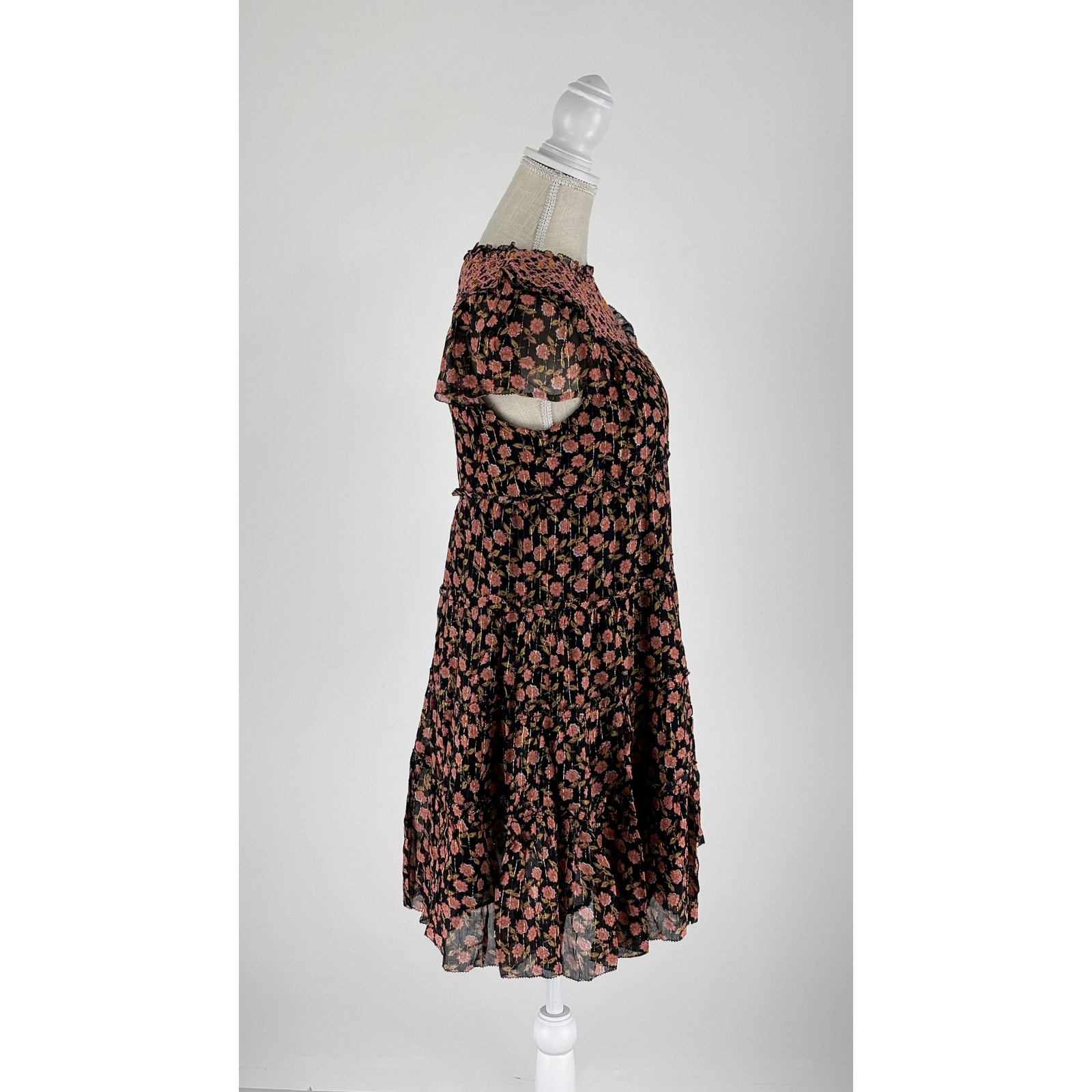 Saylor Floral Tiered Priti Short Sleeve Mini Dress Womens Size Xs New Black Pink — image 7 of 8